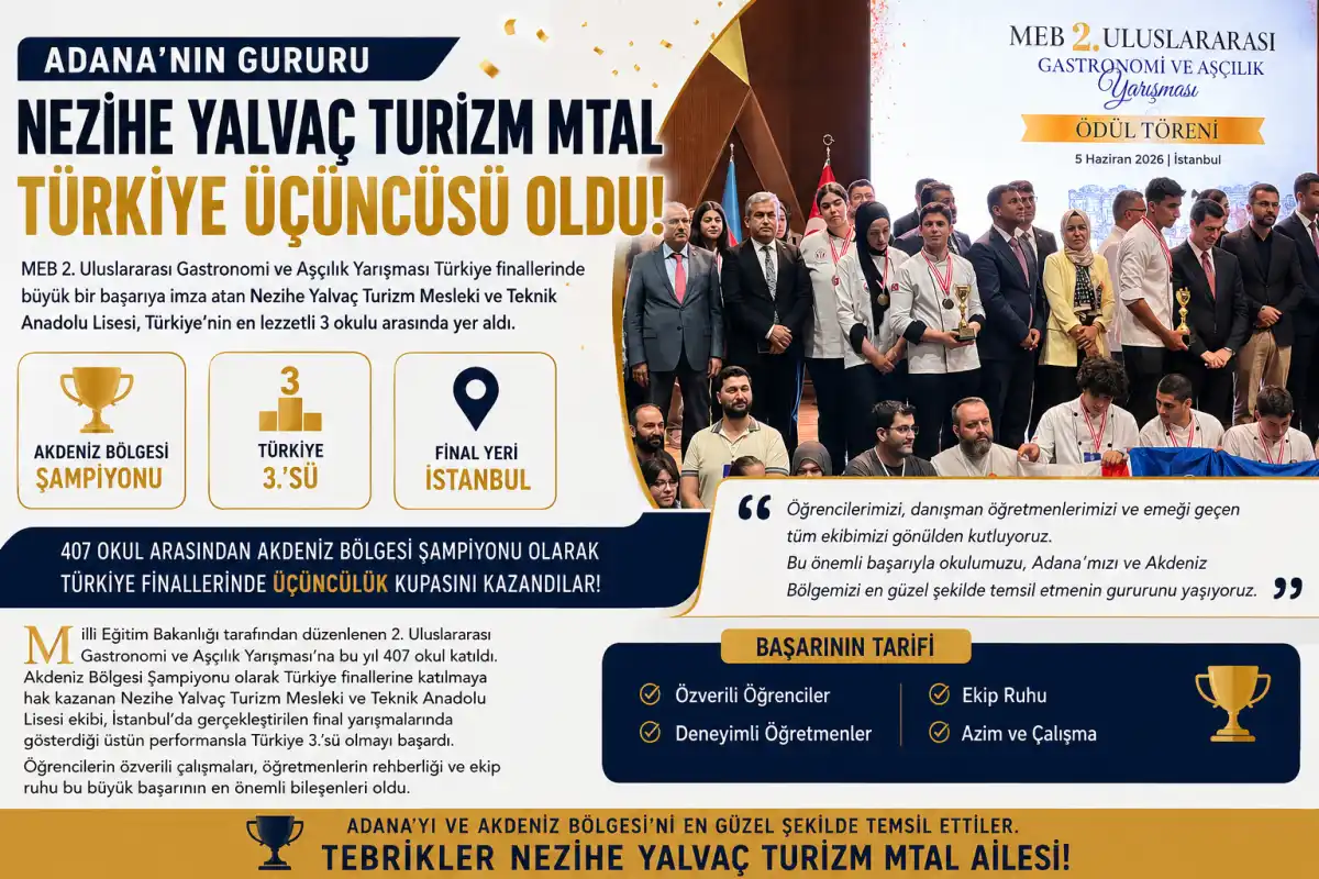 Adana'nın gururu Nezihe Yalvaç Turizm MTAL Türkiye üçüncüsü oldu